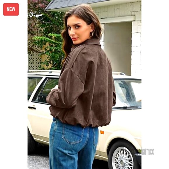 Faux Suede Cropped Jacket Open Front Casual Outerwear Women's Fall Winter - Picture 4 of 7